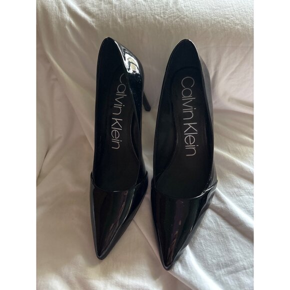 Black Patent Leather Pointed Toe Stiletto Heels Size 11 Calvin Klein Glossy - Picture 2 of 13